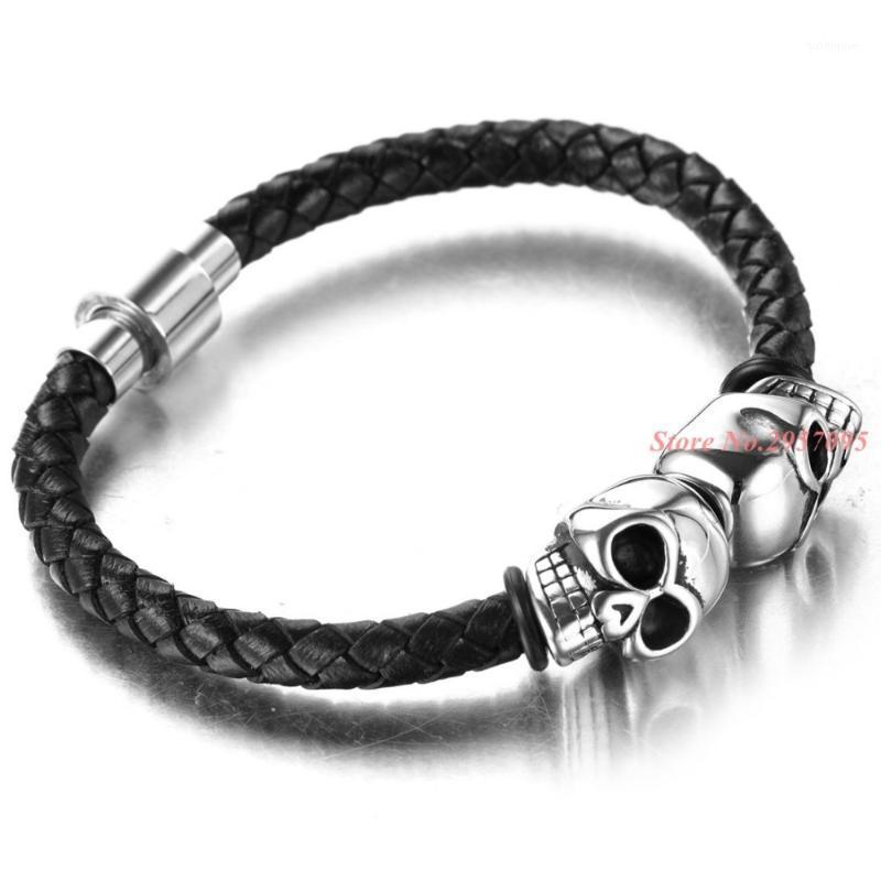 

Classic Design Men Stainless Steel Black Leather Chain Charm Bracelets Skull Bracelets & Bangles Punk Jewelry1