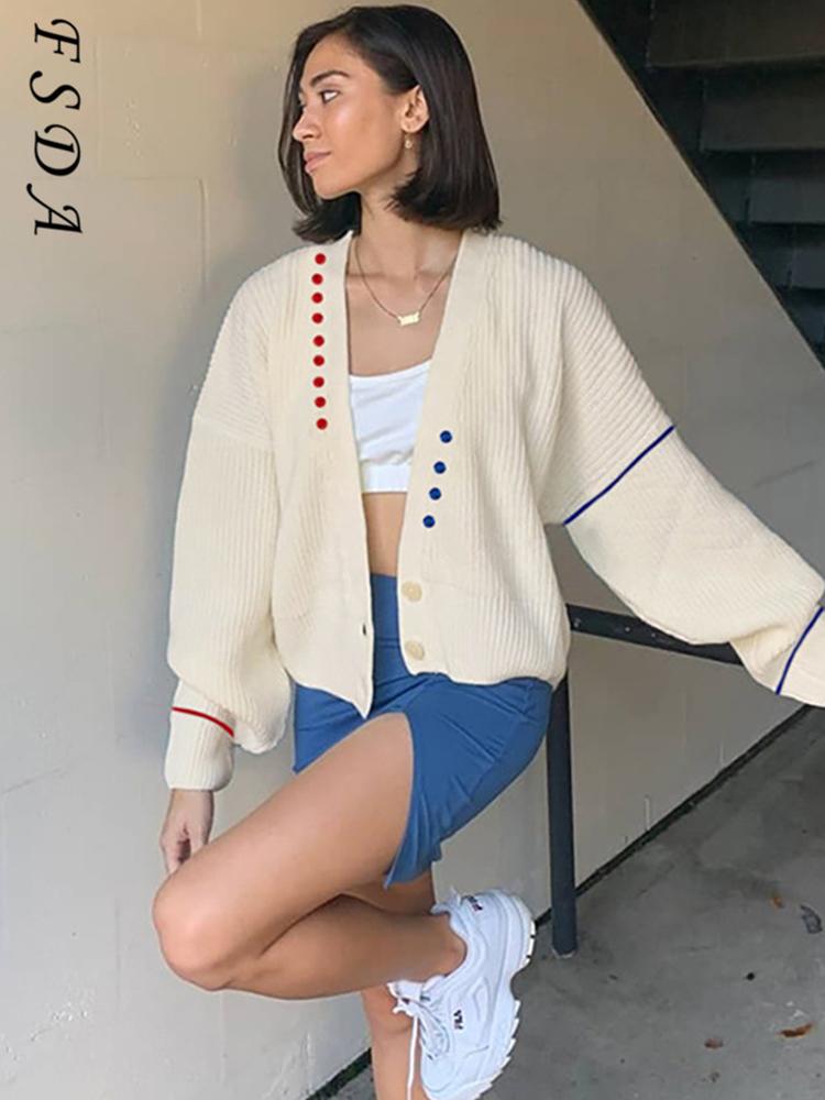 

Women's Knits & Tees FSDA V Neck Long Sleeve Cardigan Women 2021 Oversized Y2K Autumn Winter Sweater Knitted Casual Loose Jumper Tops, White