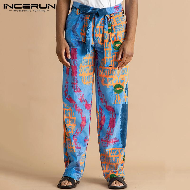 

Man Loose Lace Up Casual Pants INCERUN Printed Pants Men High Waist Floral Trousers Loose Vocation Style Wide Leg Pantalones 5XL, Blue