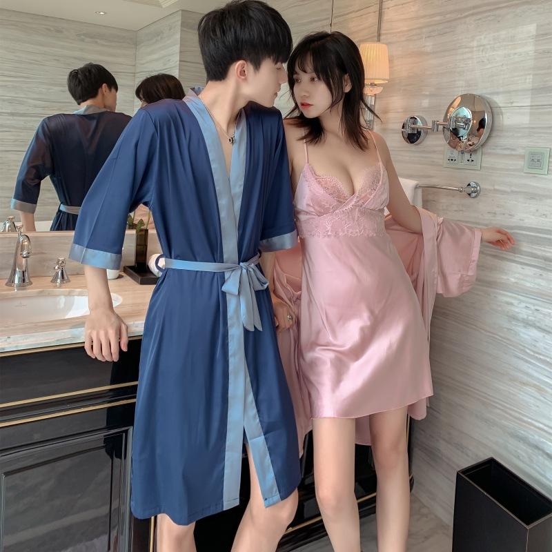 

Two-piece Solid Night Robe Suit Dressing Gown Summer Sexy Couple Pajamas Ladies Nightgown Strap Nightdress, Pink