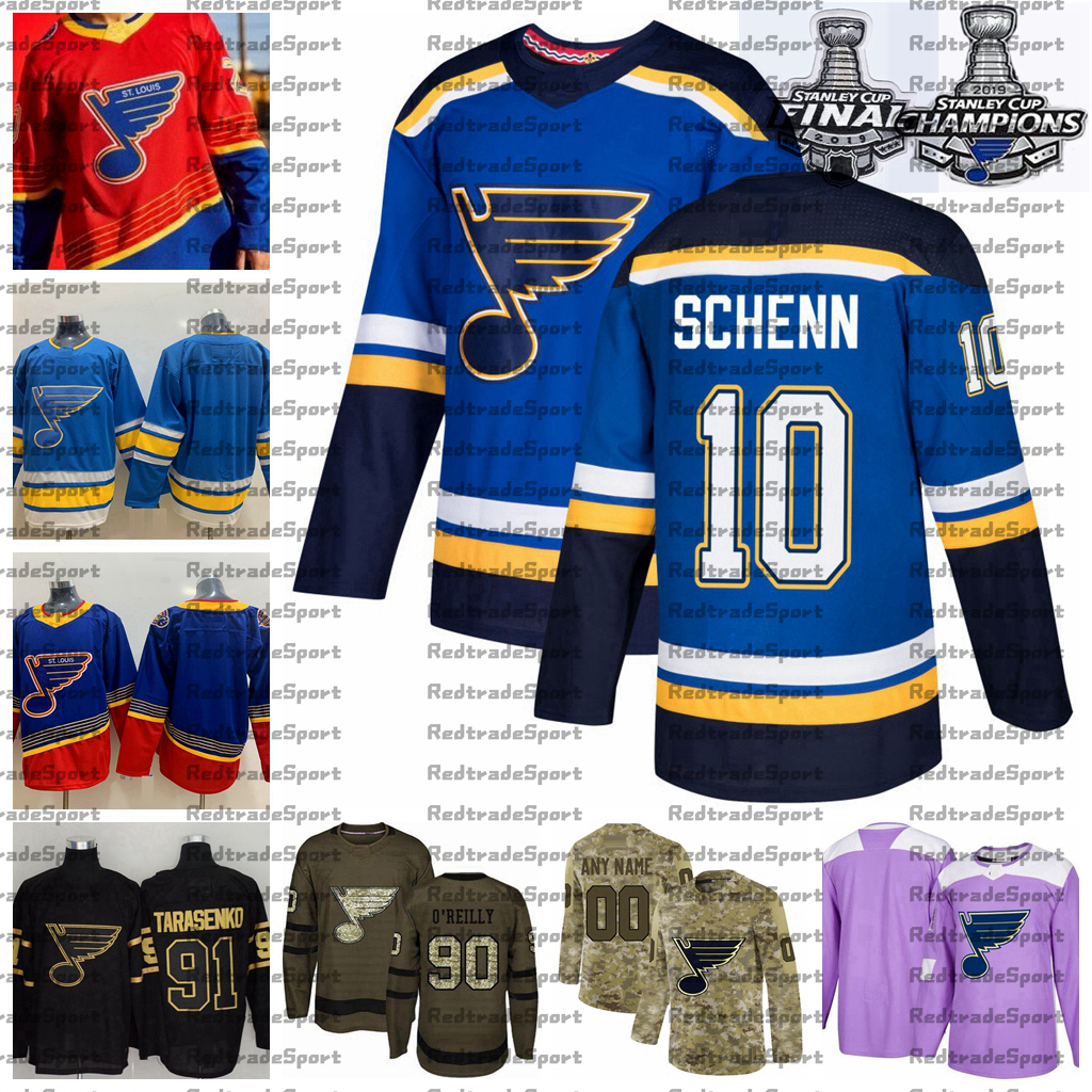 

2021 Reverse Retro Customize 10 Brayden Schenn St. Louis Blues Champions Hockey Jersey Golden Edition Camo Veterans Day Fights Cancer Jersey, Red
