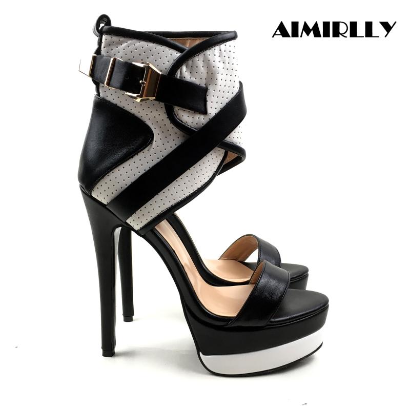 

Summer Spring Women's Peep Toe Sandals Ankle Buckle Caged Heeled High Heels Platform Shoes Party Cublwear Footwear Black White, Black and white