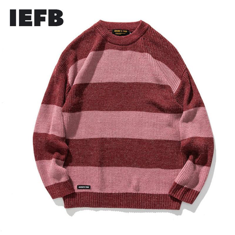 

IEFB /men's clothing 2020 Autumn pullover sweater ins trendy striped contrast color loose round neck kintted tops for men 9Y3801, Green