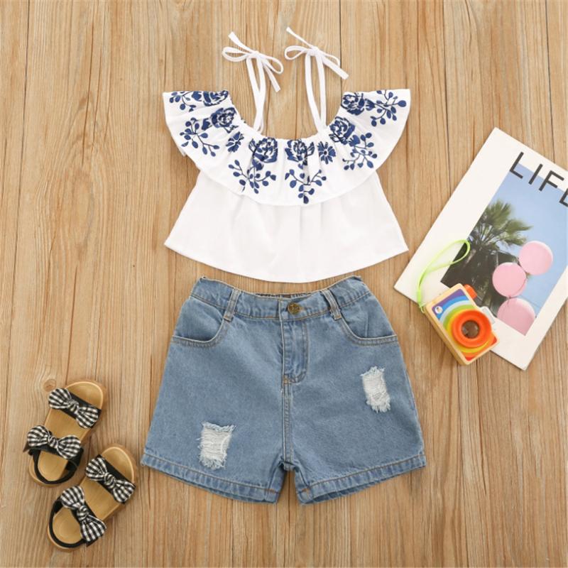 

Clothing Sets Summer Fashion Kids Girls Clothes Ruffle Printed Off Shoulder Short Sleeve T Shirts Tops Denim Shorts Outfit 2-7Y, White