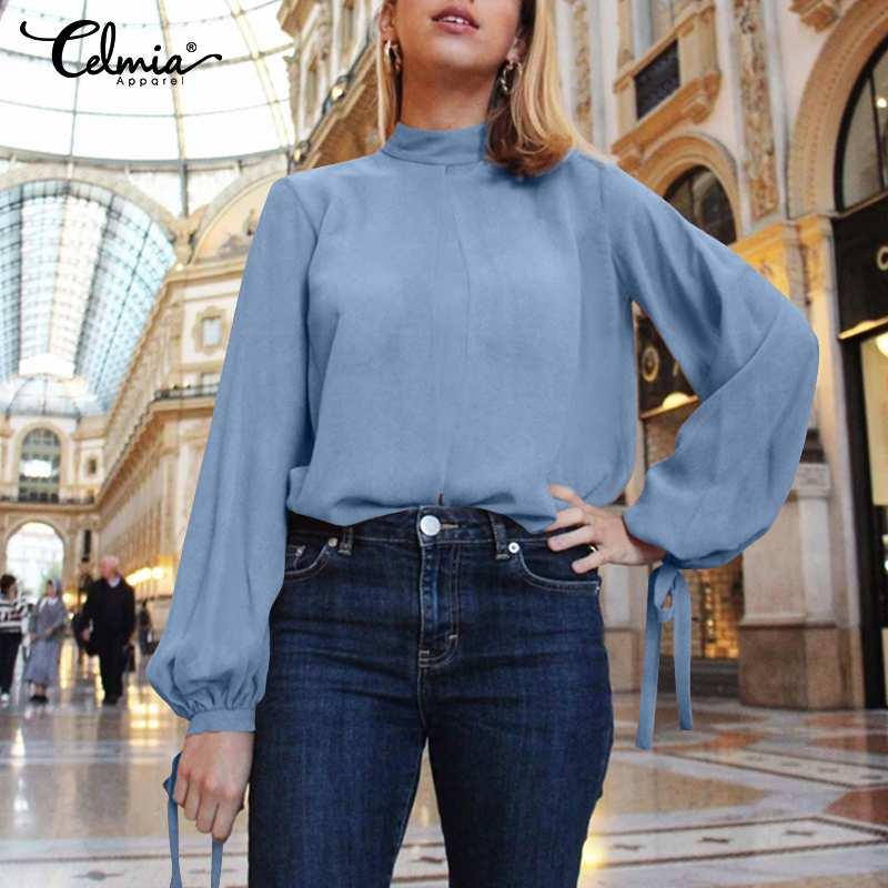 

Celmia Women Tops and Blouses Lantern Sleeve Stand Collar Stylish Blusas 2020 Autumn Pleated Casual Elegant Ladies Shirts 5XL, Blue