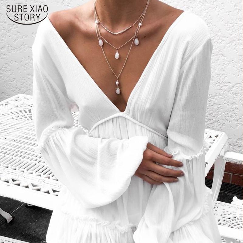 

Casual Dresses White Lantern Sleeve Dress For Women Sexy V-neck Mini Chiffon Above Knee Party Summer Clothes Vestidos 17004, Black;gray