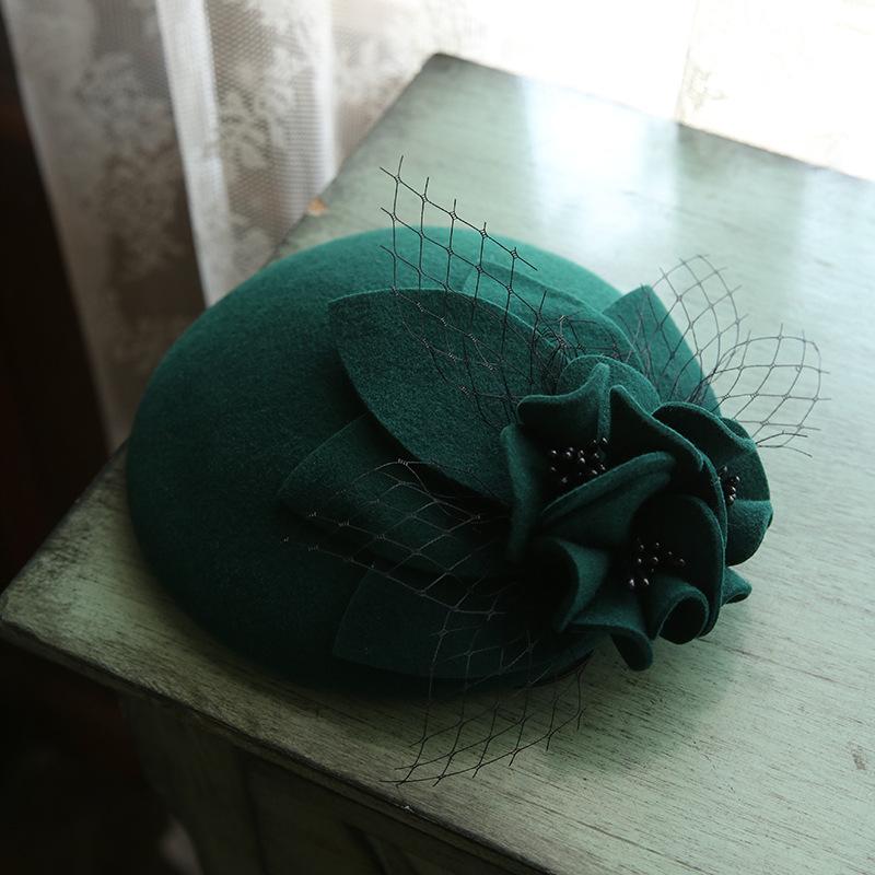 

202012- LM292 autumn spring Princess style grace mesh flower wool formal dinner lady beret hat women Leisure hat, Black