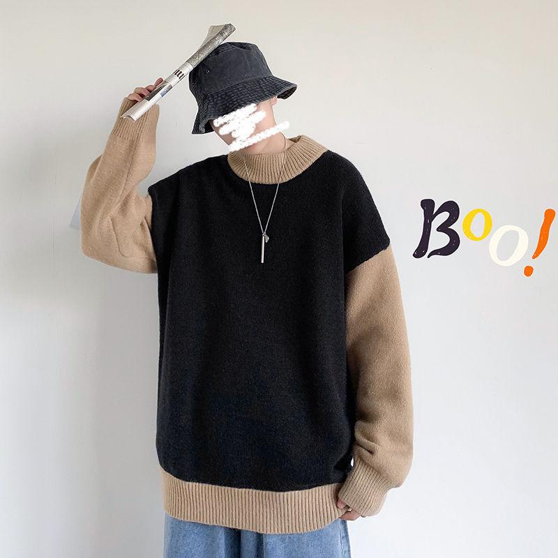 

Men's sweaters 2021 spring and winter new solid color Slim stitching knitted couple sweater loose casual young men's clothing, Black
