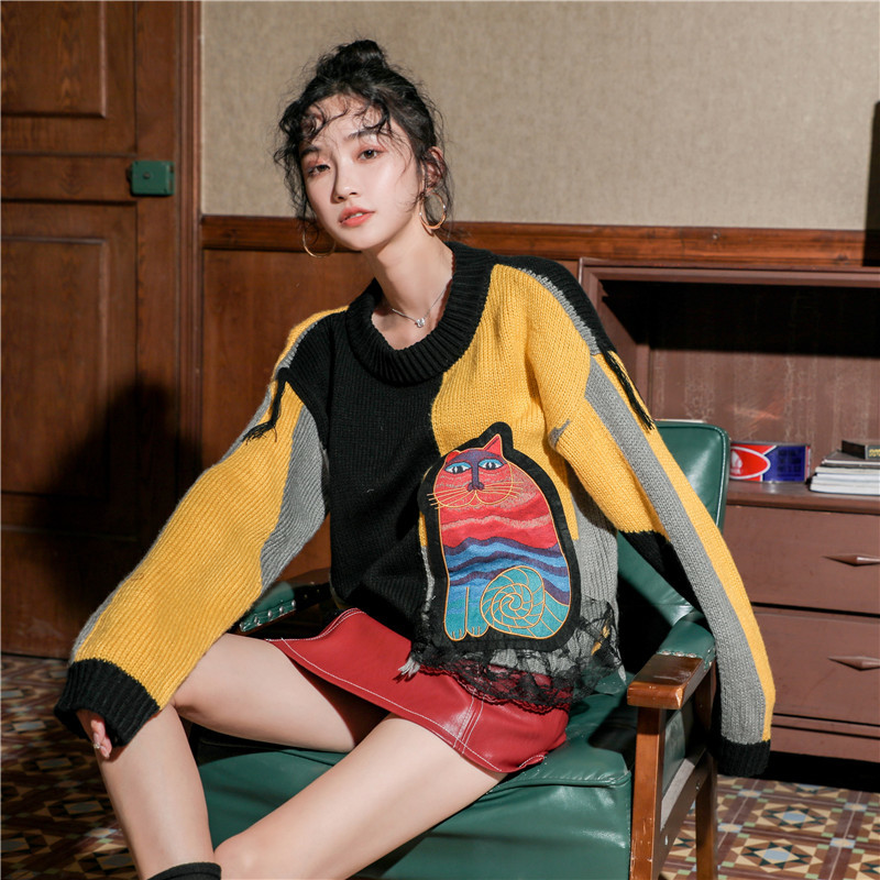 

2021 Women's Fashions Contrast Chic Color Cartoons Shredded Pullovers New Autumn Released Oversized Mesh Tops IT5D, Multi
