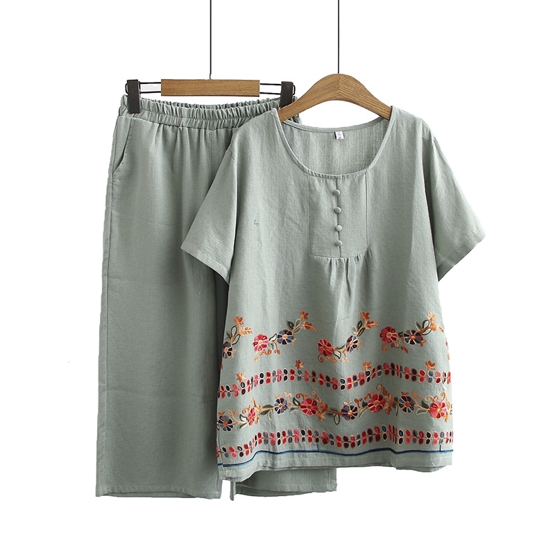 

Female Size Plus 2 Buns Use Short Sleeves Cotton Linen Embroidered Upper Elastic Waistline Slacks Cut Casual Joint Suits Sljt, Turquoise