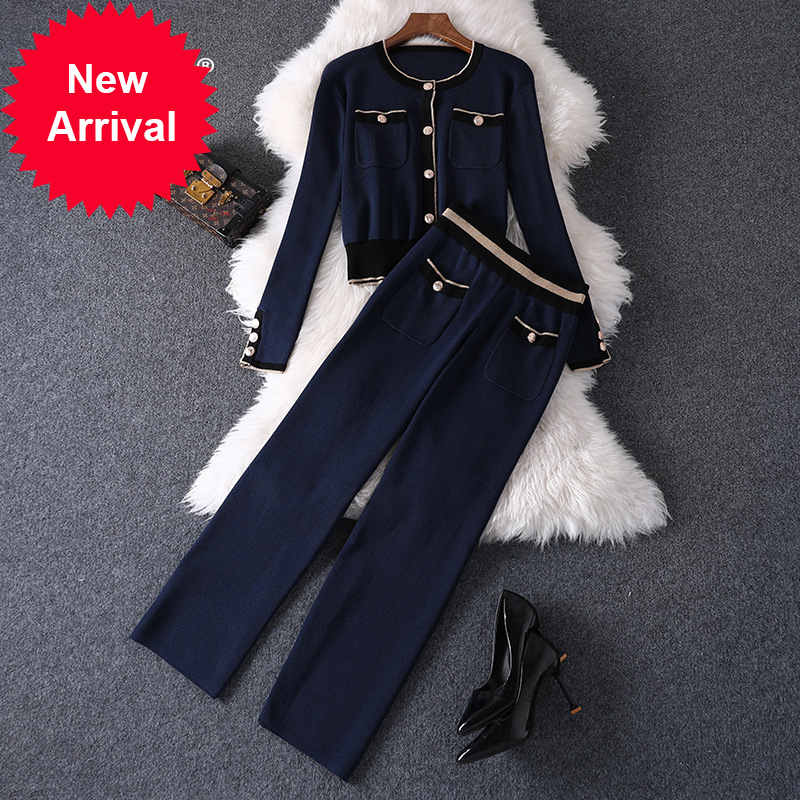 

Female runway suit 2020 single fashion breasted mesh superior cardigan sweater + high waist wide legs pants 2 piece C-090 assembly, Blue