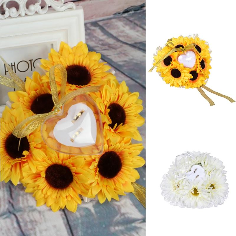 

Sunflower Cushion Heart Shaped Ring Holder Romantic Artificial Flower Wedding Ring Pillow Wedding Decoration Jewelry Box, White