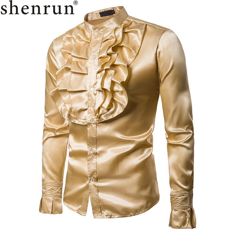 

Shenrun Men' Shirts Autumn Winter Long Sleeve Stand Collar Chest Flower Fashion Shirt Stage Dress Singer Drummer Costume Host, Black