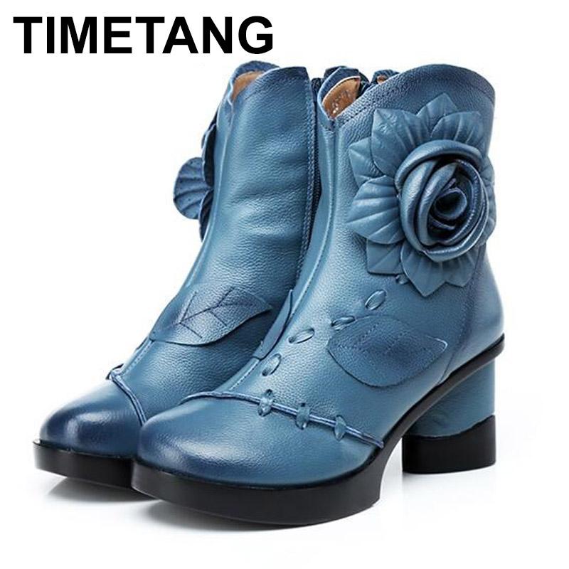 

TIMETANG New autumn and winter folk style shoes Top layer Genuine leather boots with high heel female leisure warm bootsE306, Black
