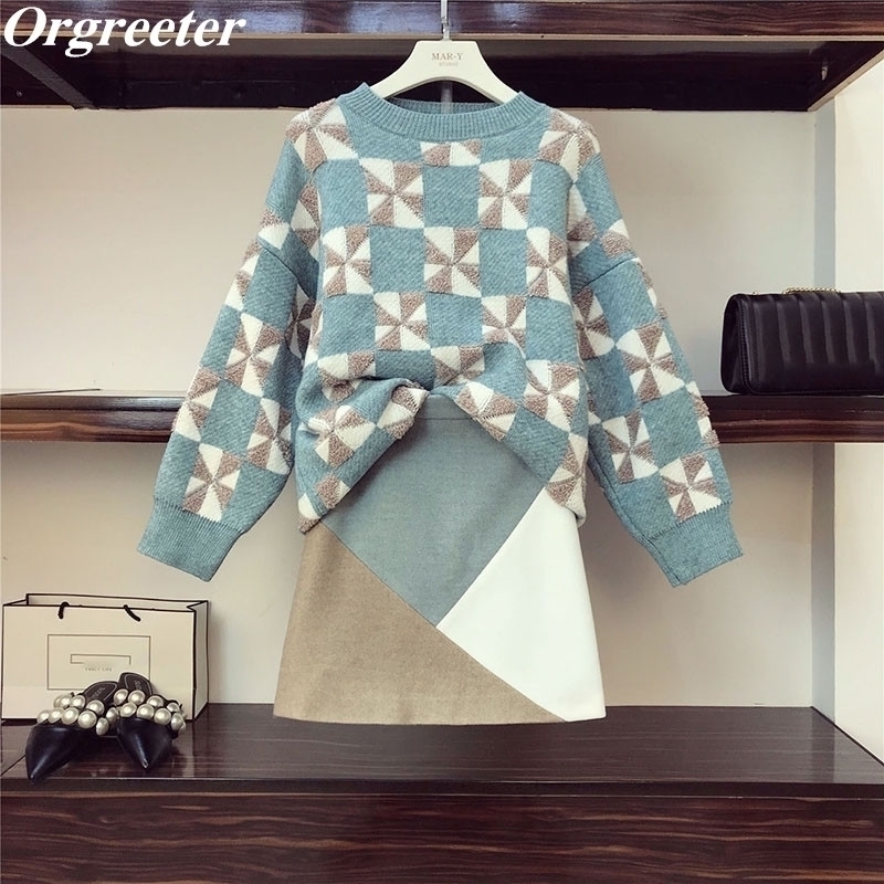 

Fall Winter Women's Suit Jacquard Jumper Tops + knit Skirt Sets Warm Thick Sweater + Color block Mini Skirt 2 piece Sets -4XL 201006, Only sweater