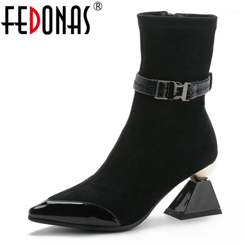 

FEDONAS Boots Women Genuine Leather Warm Winter Flock Ankle Boots Female New Strange High Heeled Prom Shoes Woman1, Black