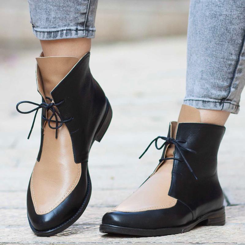 

Oeak Ankle Boots Women Patchwork PU Leather Shoes Ladies Lace Up Buckle Shoes Thick Heel Short Casual Footwear Boots Feminina1, Beige