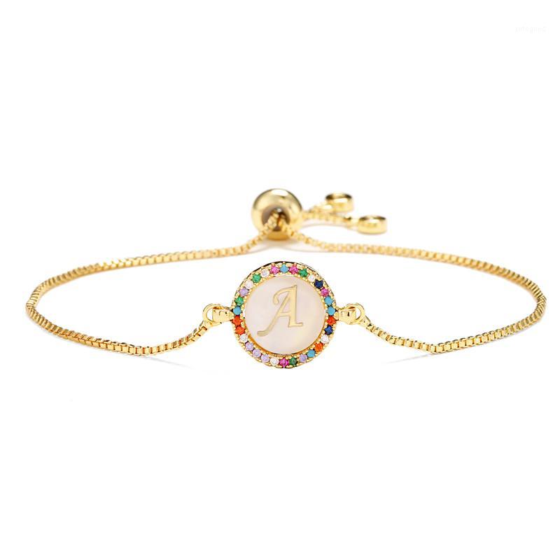 

Charm Bracelets BUY Colourful Cubic ZIrconia 26 Alphabet Letter Bracelet Femme Gold Chain Shell For Women Party Jewelry1