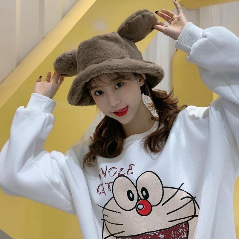 

Autumn And Winter New Girls' Sweet Ears Imitation Hair Fisherman's Cap Basin Cap Plush Warm Hat Student Hat Lady Woman