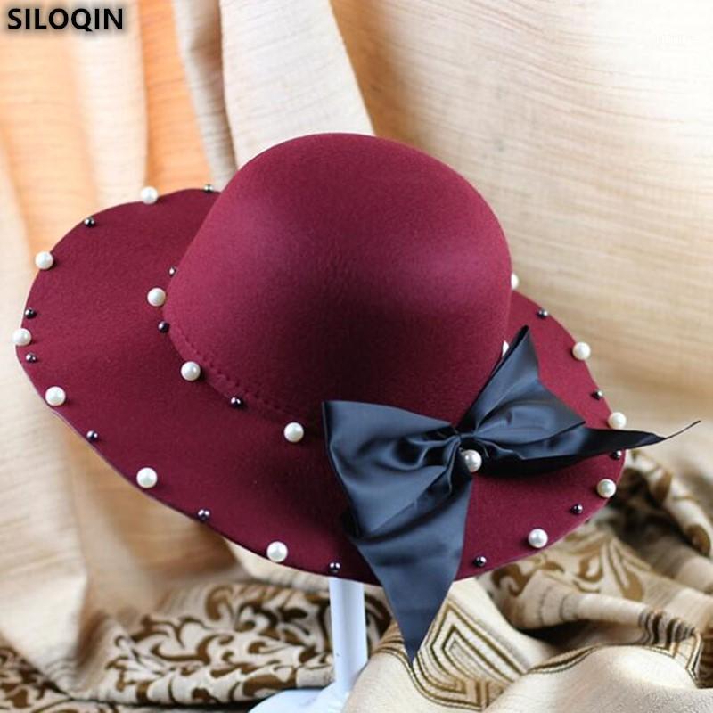 

SILOQIN Panama Ladies Cap Autumn Winter Fashion Bow Decoration Fedoras For wumen Brands Sombreros Leisure Party Pearl Tide Cap1, Gray 2