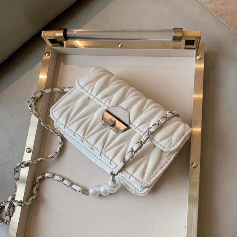 

Pleated Flap Crossbody bag 2021 Fashion New High quality PU Leather Women's Designer Handbag Pearl Chain Shoulder Messenger Bag, Black