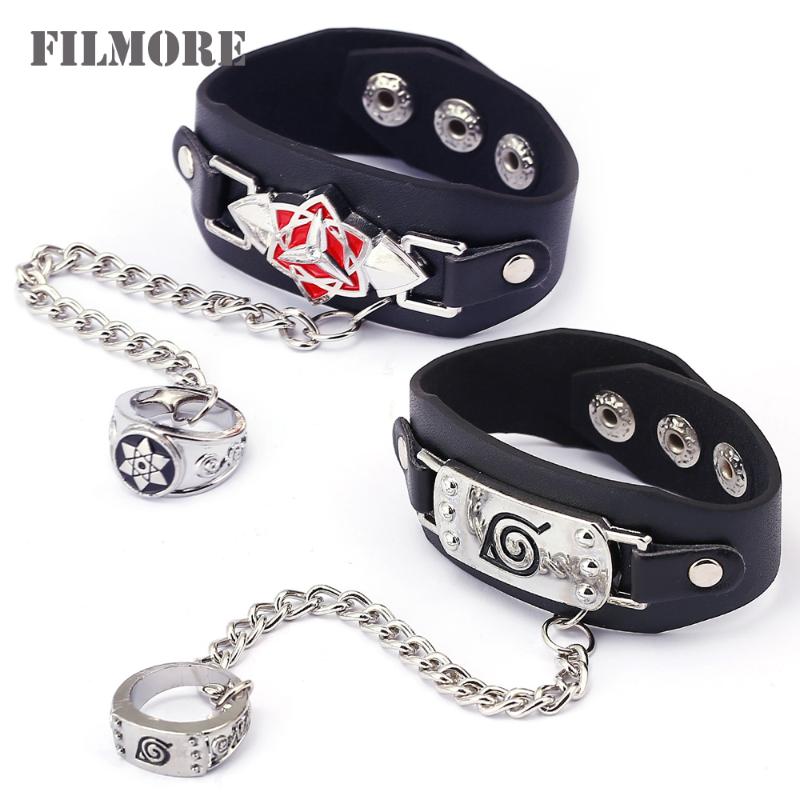 

NARUTO Leather Bracelet Sasuke Sharingan Link Charm Bracelets Set Anime Cosplay Punk Bangle Men Women Jewelry FC4205