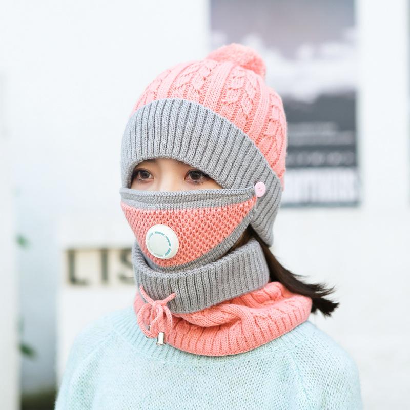 

New Winter Cycling Hat Women 3 piece Warm Wool Beanies Skullies Hat With Mask Collar Bib Female Velvet Thick Anti-smog Knit Caps, Black