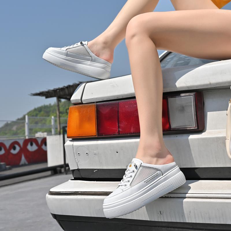 

2021 Spring New Leather Women's Shoes, Summer Net Shoes, Platform White Casual Women's Shoes Baotou Sandals Slippers34-391