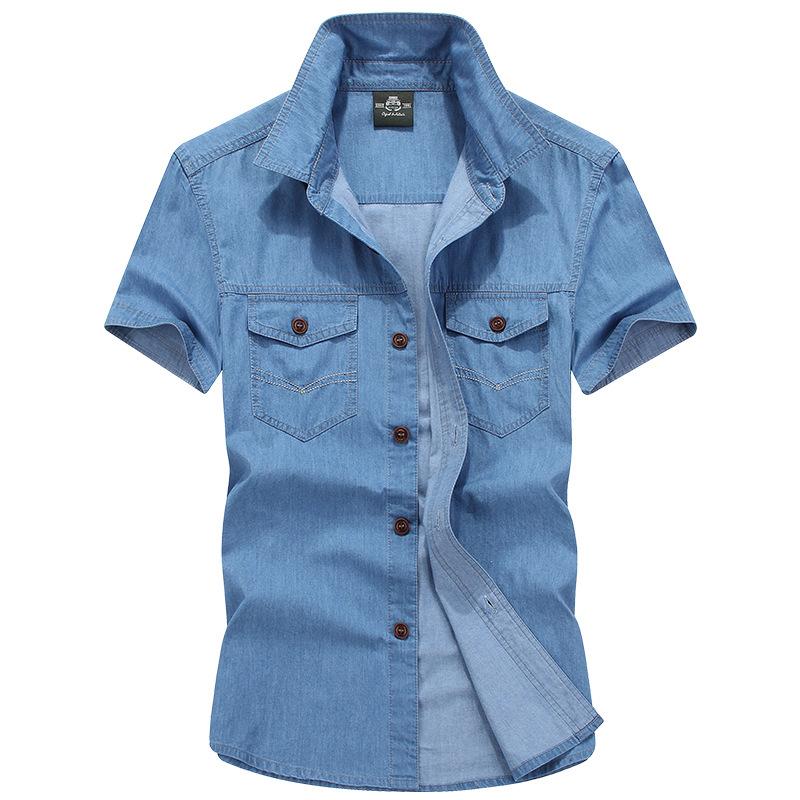 

Denim Shirt Man's Casual Shirts Plus Size 5XL Hombre Short Sleeves Cotton Men Shirt camisa masculina streetwear clothes, Navy blue