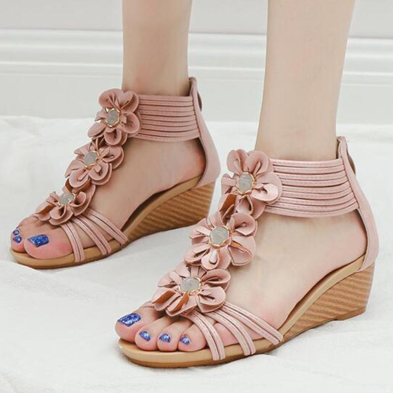 

Women's Wedges T-Strap Sandals Summer Women Shoes Casual Bohemia Open Toe Flowers Roman Shoes Sandalias de mujer zy339, Beige