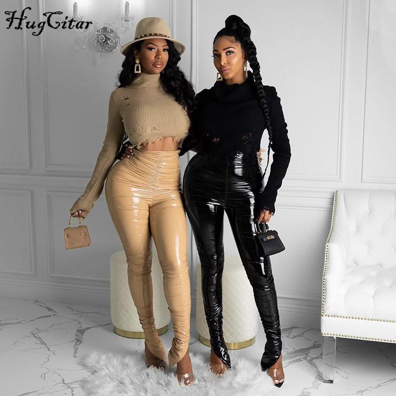 

Hugcitar 2020 Pu Leather High Waist Stacked Pants Autumn Winter Women Fashion Streetwear Outfits Club Trousers, Black;white