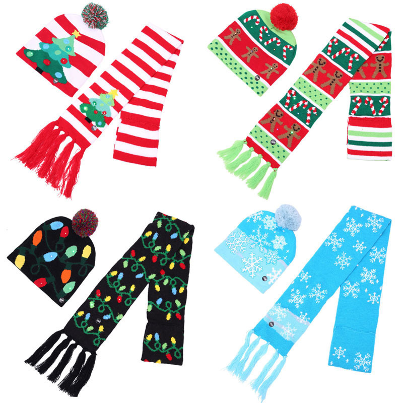 

New Christmas Hat Adult Colored Luminous Warm Hat Fashion Christmas Led Illuminated Ski Hat Luminous Scarf Wholesale