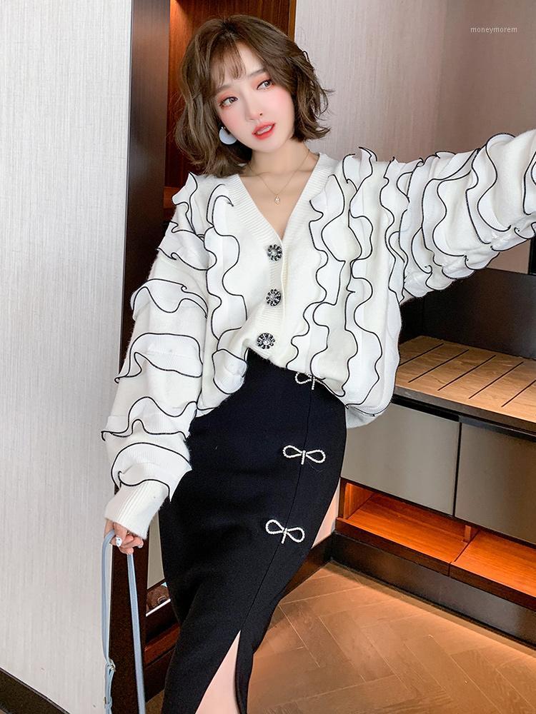 

Fashion sexy v-neck single-breasted splicing yarn perspective agaric lace knitting cardigan women' new winter 20201, White