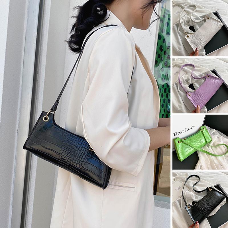 

Simple Buckle Underarm Shoulder Bag French Retro Crocodile Pattern PU Leather Handbag Tote Popular Female Daily Bag Armpit, White