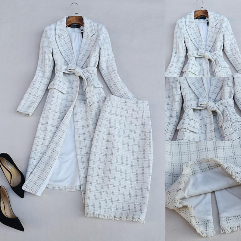 

Elegant Medium Long Plaid Suit Coat and High Waist Fashion Faux Woolen Plaid Skirt Office Lady Clothing Set, Beige