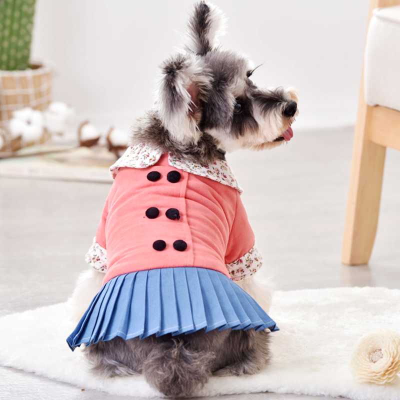 

Floral Collar School Female Dog Clothes Pink Khaki Pet Dresses With Denim Blue Pleated Skirt For Cats Small Animal Chihuahua Pug