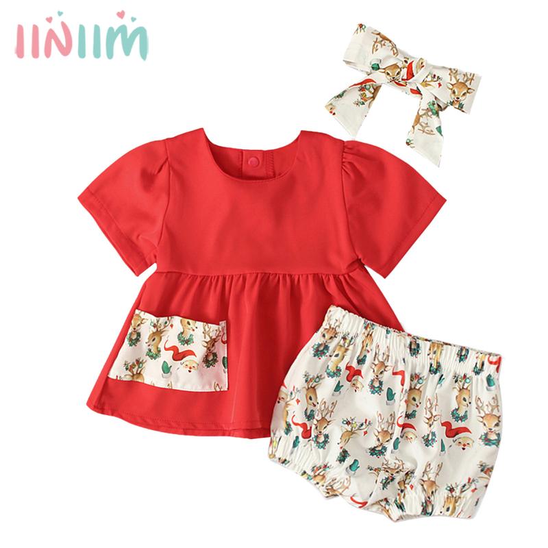 

Summer Baby Girl Outfit Xmas 3Pcs Sets Toddler Baby Christmas Short Sleeves Santa Claus Print Top+Shorts Headband Floral Clothes, Red