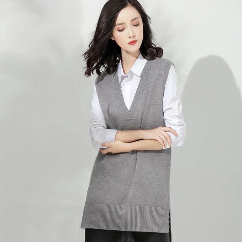 

Spring Autumn New Low-cut Sleeveless Tights Sweater Vest Medium-length Female Waistcoat 4ogc, Gray