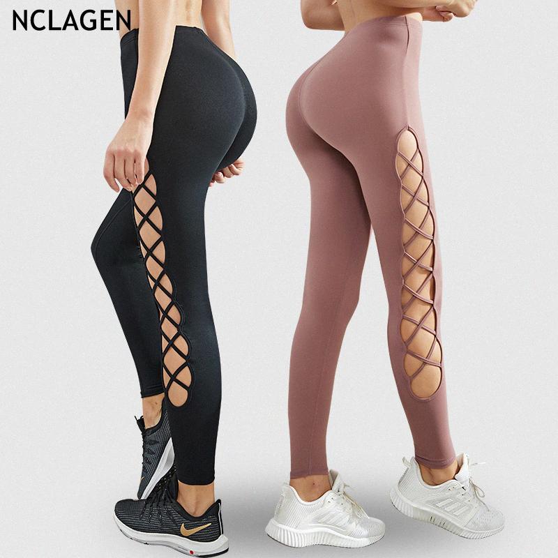 

Summer Hollow Exercise Yoga Pants Fitness Women Sexy High Waist Slim Gym Sport Workout Breathable Running Leggings, Rose pink