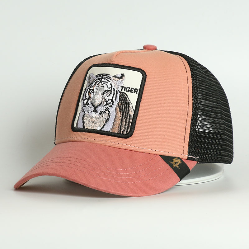 

Custom 5 panel pink cotton animal logo baseball cap embroidered tiger patch mesh trucker hat for both men cap women hat