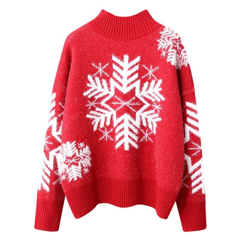 

Women's Christmas sweaters print warm wool nightgown winter clothes funny red popular pattern snowflake girl jumper