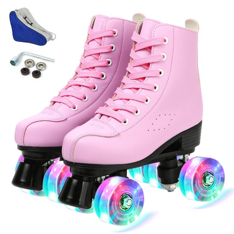 

Women Pink PU Leather Roller Skates Skating Shoes Sliding Inline Quad Skates Sneakers Training Europe Size 4 Wheels Flash Wheel, White flash wheel
