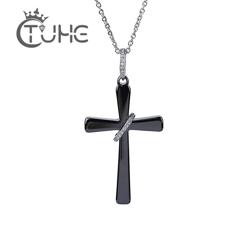 

New Fashion Cross Ceramic Pendant Necklace for Women Female Cubic Zircons Black Healthy Ceramic Jesus Necklace Jewelry Gift