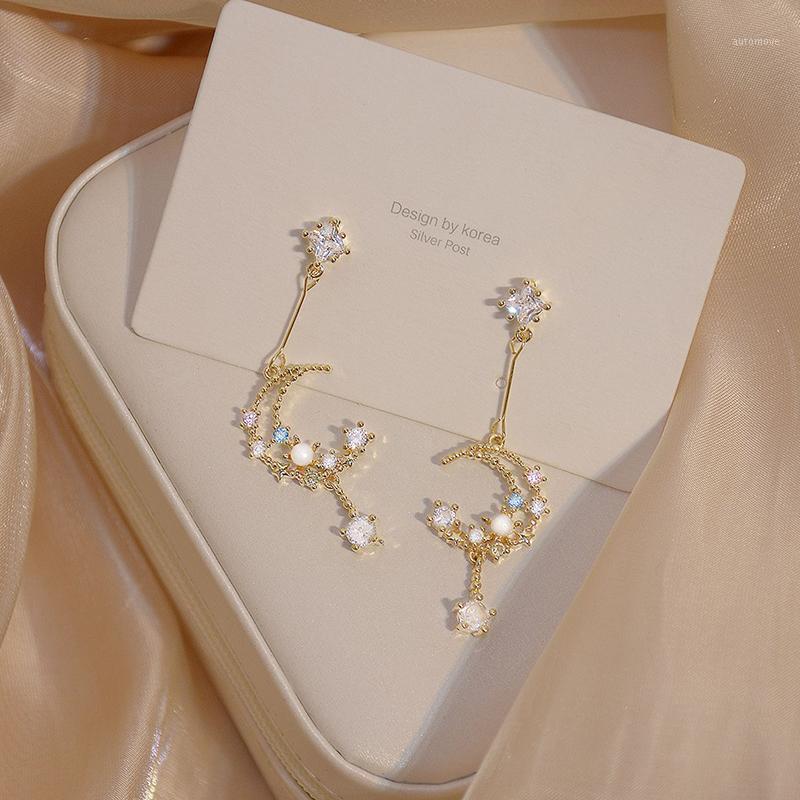 

Romantic Inlaid Colorful CZ Pearl Moon Women Earring Charm 14K Real Gold Transparent Zircon Drop Earring Daily Jewelry Pendant1