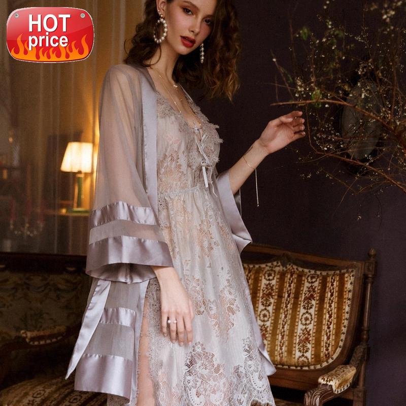 

Silk Robes for Women Sexy Nightgown Bathrobe Morning Wedding Robes Transparent Sexy Lingerie Underwear Temptation Mesh Satin #wx3K, Black;white