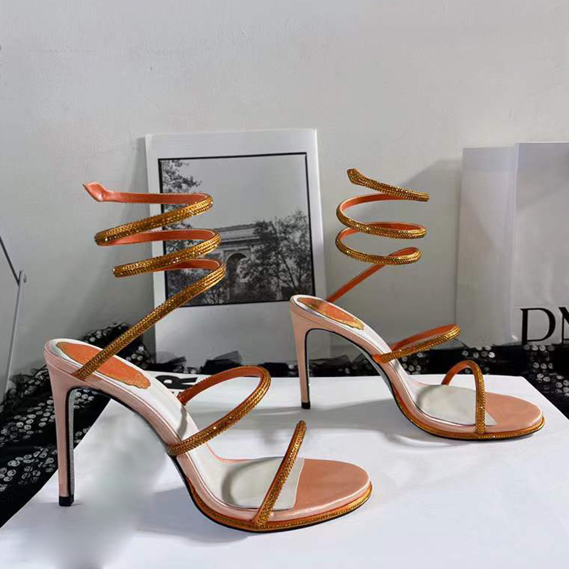 

Rhinestone Snake Strass stiletto sandals Rene Caovilla Cleo 95mm Evening shoes women's high heels Ankle Wraparound luxury designer factory shoe With box, 25#
