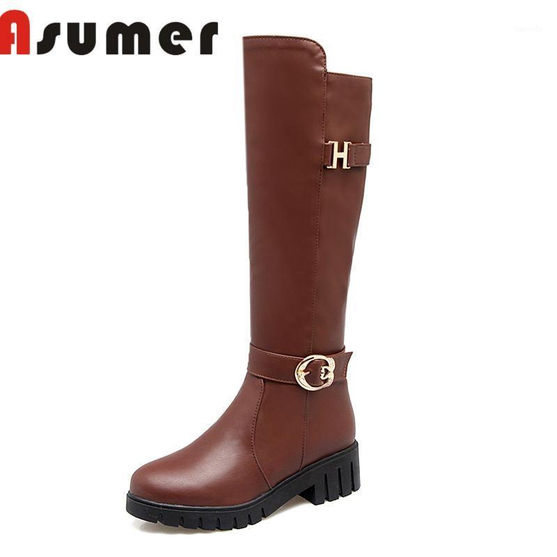

ASUMER 2020 HOT SALE metal mid calf boots fashion daily classic winter boots popular pu round toe solid comfortable winter1, Black