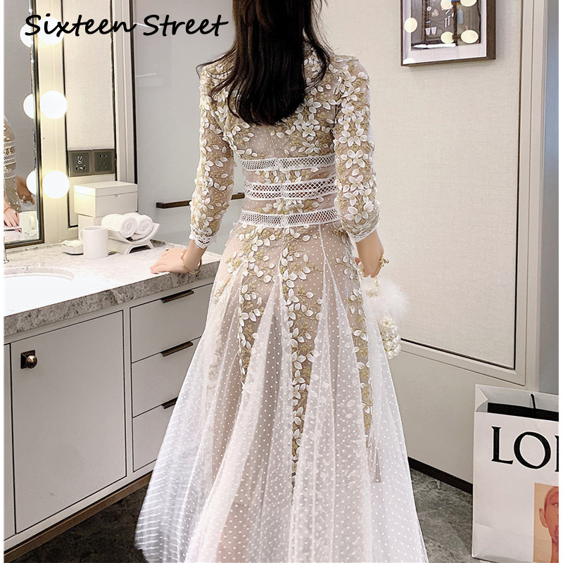 

Woman Dressed in White 2021 New Spring Floral Gold Embroidered with Cleavage v Elegant Party Long Women's Dress Three Quarters Yaaa