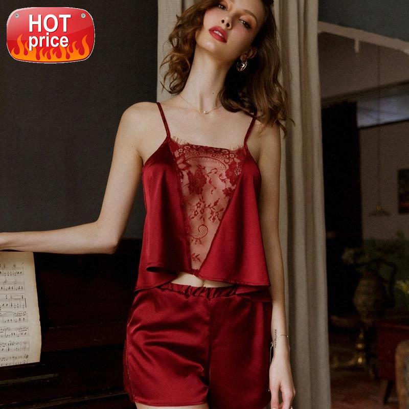 

Summer Lace Homewear Women LingerieSatin Pajama Set Two Piece Set Women Sleepwear Silk Pajamas Sexy Nightwear Pijama Mujer #z014, Black;white