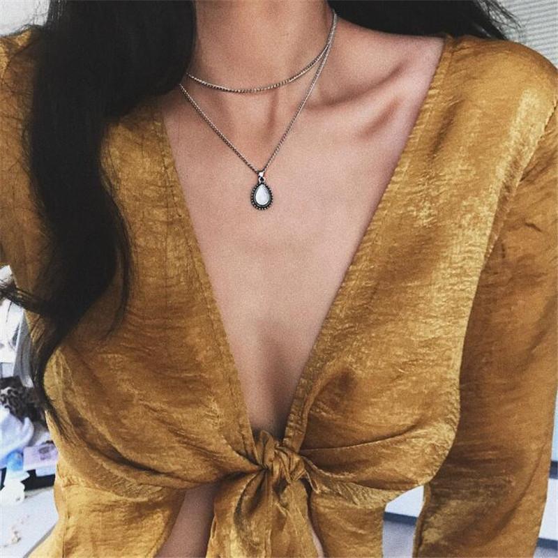 

Cheap Vintage Double Layer Water Drop Stone Pendant Necklace Ancient Silver Color Simple Chain Necklace For Women Wedding Gift